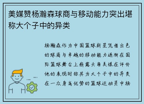 美媒赞杨瀚森球商与移动能力突出堪称大个子中的异类