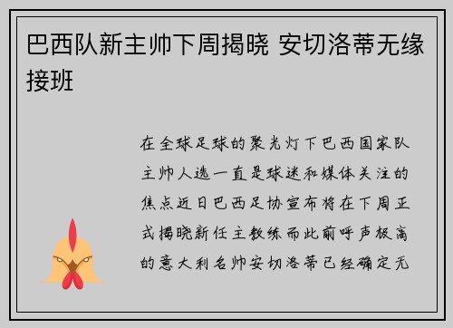 巴西队新主帅下周揭晓 安切洛蒂无缘接班