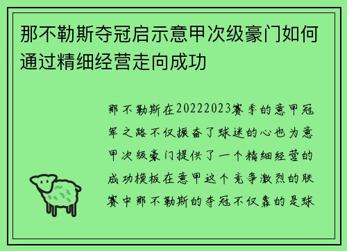 那不勒斯夺冠启示意甲次级豪门如何通过精细经营走向成功